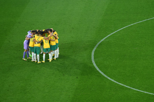 The Socceroos before a World Cup warm-up match against New Zealand in Brisbane.