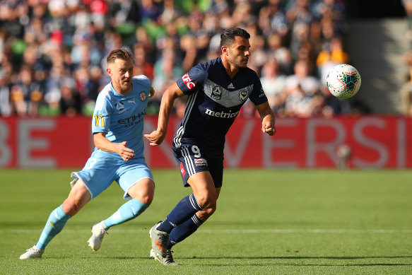 Andrew Nabbout, right, in action against Melbourne City. 