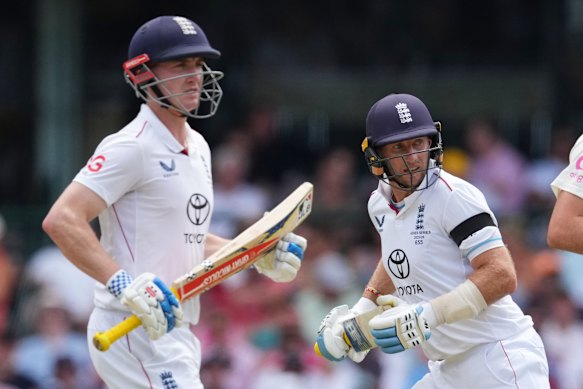Harry Brook (left) and Joe Root combined for long-overdue runs in the middle order.