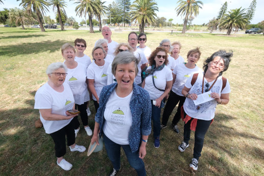 Jeannie Marsh at the front of the Elwood Community Choir as it sings at Robinson Reserve; stop 5 on th trail and once the site of a quarantine station, abattoir and rifle range.
