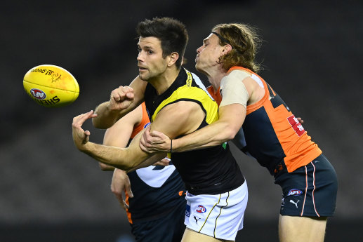 Trent Cotchin tried to will his team in the second term, but to no avail.
