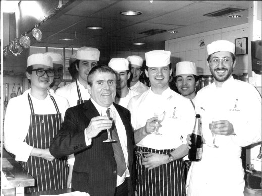 Celebration champagne: Albert Roux with his chefs, including his bearded son Michel, 29,  back in the kitchens of his celebrated Le Gavroche restaurant last night after a court gave it a clean bill of health.
