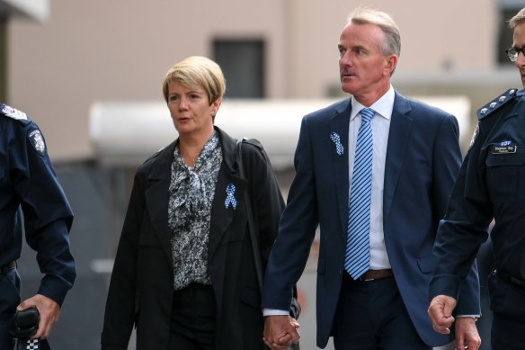 Constable Josh Prestney’s parents, Belinda and Andrew, arrive at the County Court on Wednesday.