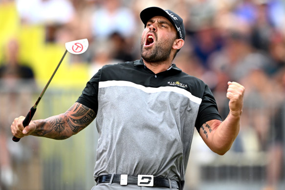 Ryan Peake celebrates his win at Millbrook in the New Zealand Open.