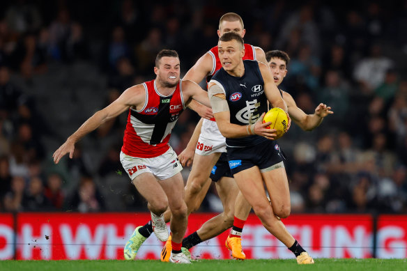 Patrick Cripps on the move for the Blues, but it was St Kilda’s day. 