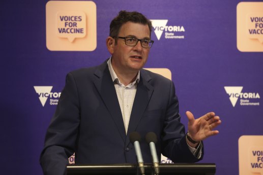 Premier Daniel Andrews addresses the media on Sunday.