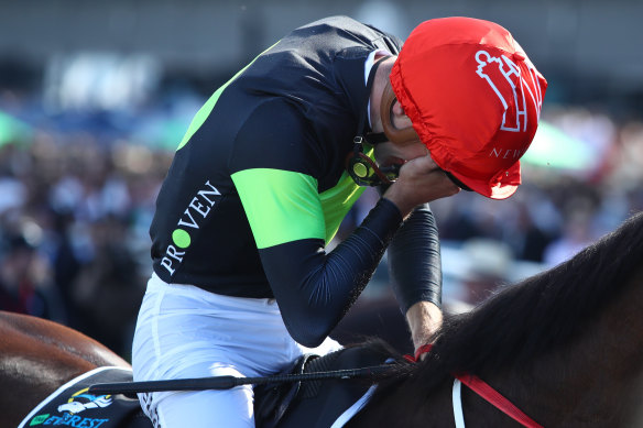 An emotional Sam Clipperton returns to the enclosure  on Think About It.