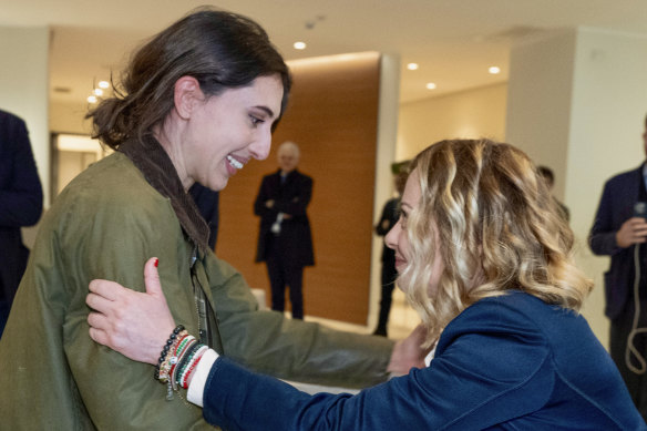 Journalist Cecilia Sala (left) is greeted at Rome’s Ciampino airport by Italian Prime Minister Giorgia Meloni.