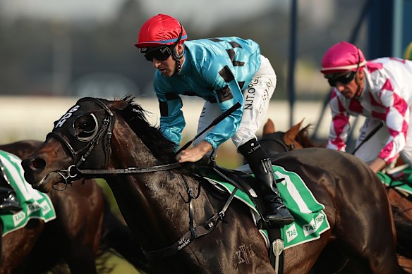 Tommy Berry rides Pierata to victory in the 2019 Redzel Stakes.