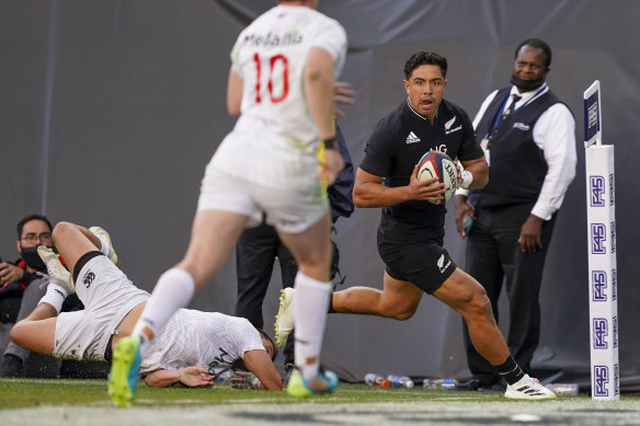 New Zealand’s Anton Lienert-Brown, right, scores a try during the rugby international between the All Blacks and the USA Eagles.