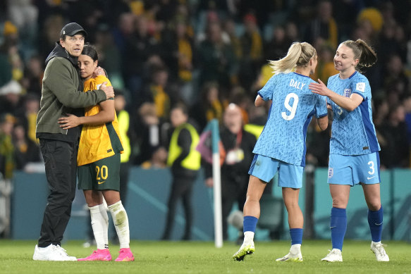 Coach Tony Gustavsson and captain Sam Kerr react to the Matildas’ semi-final defeat to England.