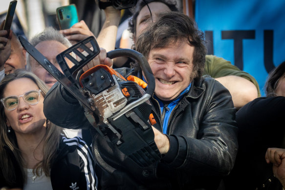 Javier Milei, the libertarian presidential candidate for next month’s elections in Argentina, using a chainsaw at a campaign rally.