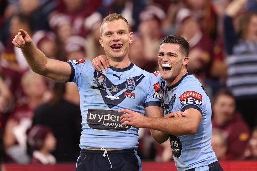 Tom Trbojevic and Nathan Cleary celebrate a try in Origin I.