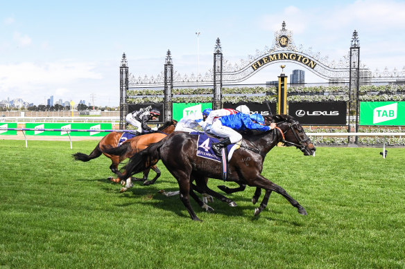 Damien Oliver steers Kementari home in the Gilgai Stakes.