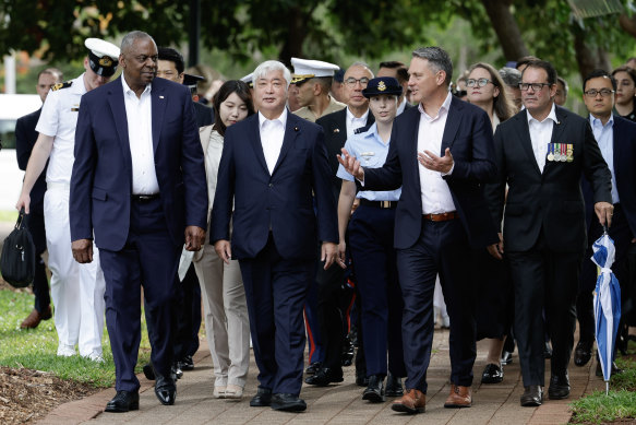 US Secretary of Defence Lloyd Austin, Director-General of the Japan Defence Agency Nakatani Gen,
 and Australian Defence Minister  Richard Marles in Darwin on Sunday.