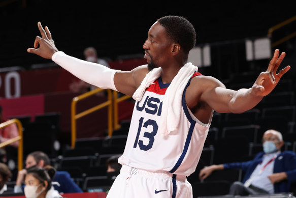 Bam Adebayo reacts from the bench.