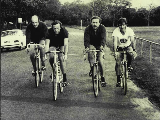 From left: Dr Geoff Pritchard, Dr Barry Pascoe, Dr Ferry Grunseit and Professor Fred Hollows riding in Centennial Park in 1972.