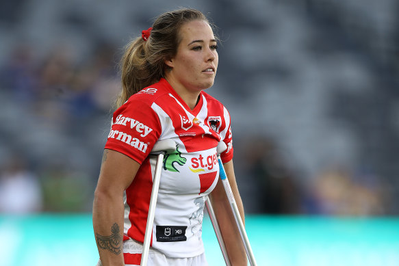Isabelle Kelly on crutches at Bankwest Stadium.