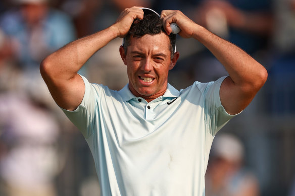 An anguished Rory McIlroy after his missed putt on the 18th.