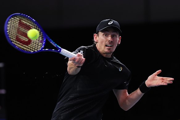 Alex De Minaur playing in London on Sunday, hours before he was crowned the Newcombe medallist for the fourth time in Australia.