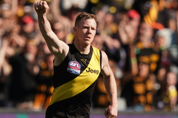 Jack Riewoldt, who had a fantastic grand-final outing, has been a major force in the Tigers' two premiership wins. 