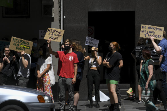 A protest was staged on Monday outside Kingsgate Hotel in King Street, Melbourne, after around 40 homeless people were told they would have to leave the temporary accommodation.