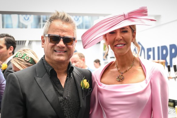 Heloise Pratt and her partner Jon Stevens at the 2023 Melbourne Cup.