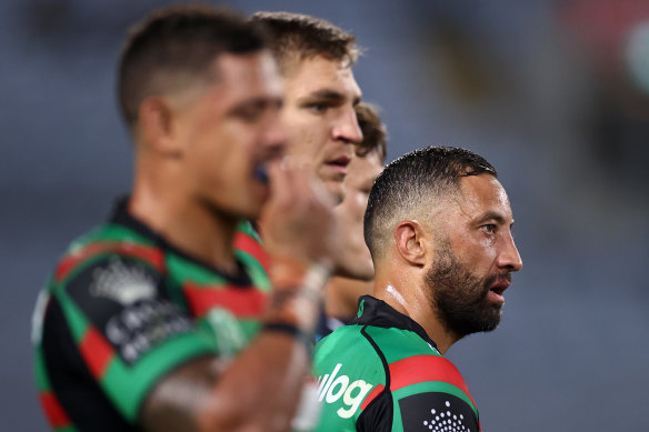 Benji Marshall of the Rabbitohs looks on after another Storm try against Melbourne last week.