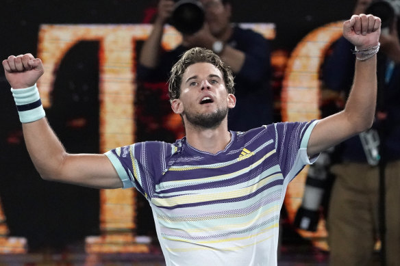 Dominic Thiem celebrates after winning his way through to the Australian Open final.
