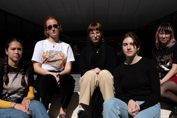 UTS students Luca Pearce, Ellie Woodward, Holly Hayne, Cate Wheadon and Melodie Grafton at a protest about funding cuts.