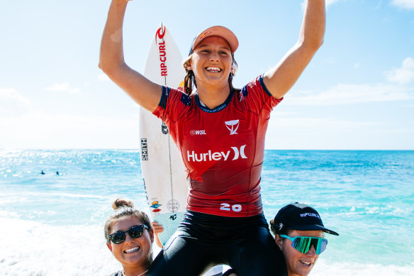 Molly Picklum celebrates her first Championship Tour victory at Sunset Beach.