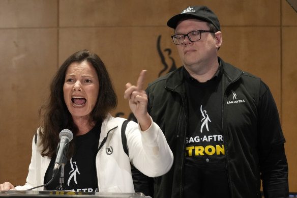 Fran Drescher at a press conference in Los Angeles on July 23 announcing a strike by the Screen Actors Guild.