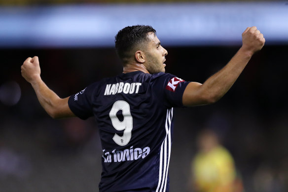 Andrew Nabbout celebrates after his crucial goal for Victory on Saturday night.