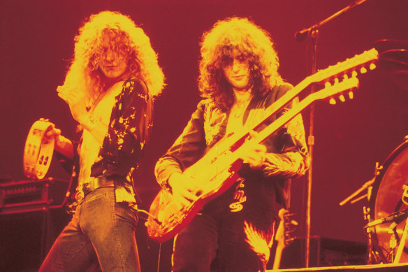 Led Zeppelin’s Robert Plant and Jimmy Page on stage.