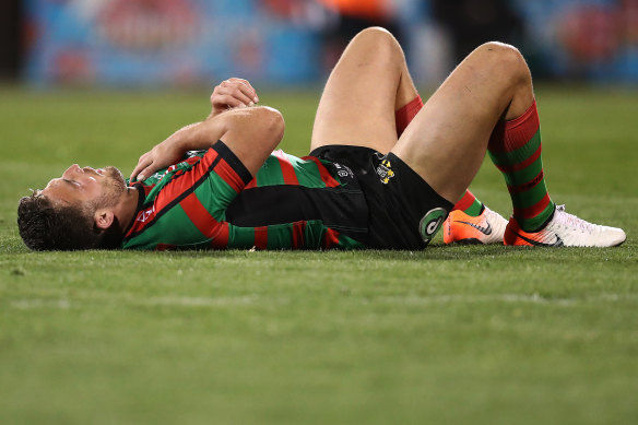 Sam Burgess feels the injured shoulder that forced him out of the game. 