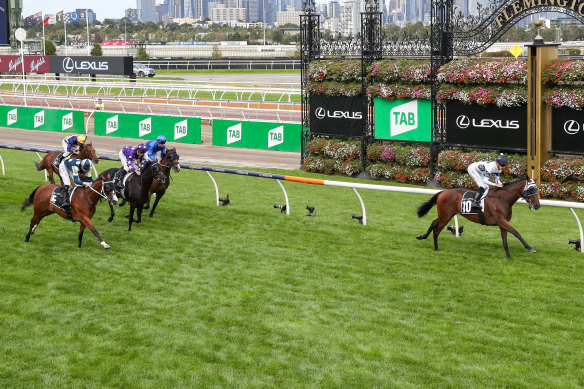 Goldman scores an easy win over Soulcombe in the Roy Higgins at Flemington last year. 