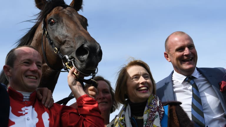 Cup hopes: Stephen Baser and Gai Waterhouse with  Runaway after the Geelong Cup.