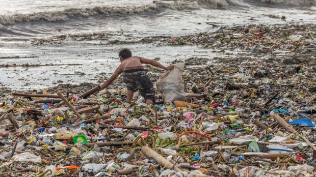 A man collects plastic on the beach in Manila, the Philippines.