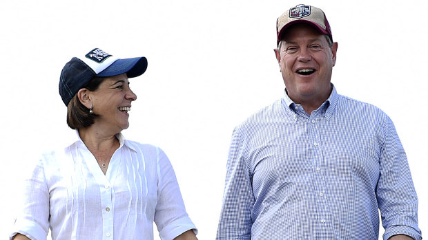 Queensland LNP leader Tim Nicholls (right) and deputy leader Deb Frecklington on the campaign trail in Townsville on Friday.
