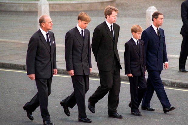 The Duke Of Edinburgh, Prince William, Earl Spencer, Prince Harry And The Prince Of Wales Following The Coffin Of Diana, Princess Of Wales  (Photo by Tim Graham Photo Library via Getty Images)