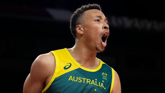 Dante Exum celebrates during a Boomers match at the Tokyo Olympics.