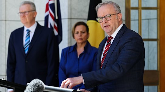 Prime Minister Anthony Albanese held a press conference in Canberra on Monday alongside Home Affairs Minister Tony Burke and Attorney General Michelle Rowland.