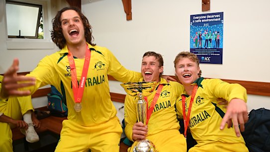 New breed: Sam Konstas, Harry Dixon and Ollie Peake after Australia claimed the ICC U19 World Cup in South Africa last year.