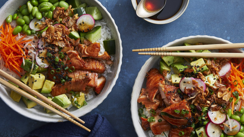 RecipeTin’s rice bowls stretch two salmon fillets into a satisfying dinner for four