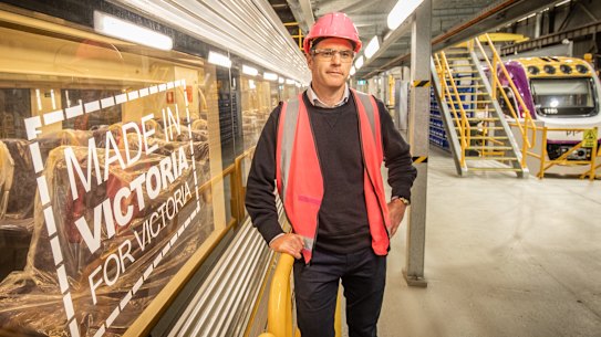 Opposition Leader Chris Minns on Wednesday inspects Victorian trains built locally.