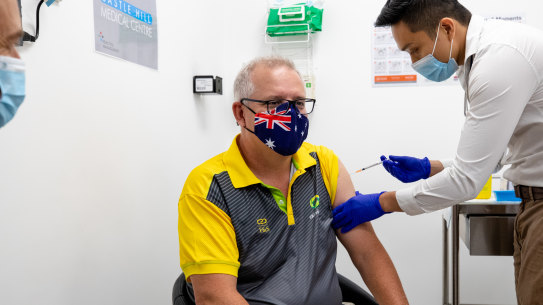 Prime Minister Scott Morrison receives the COVID-19 vaccine on Sunday.