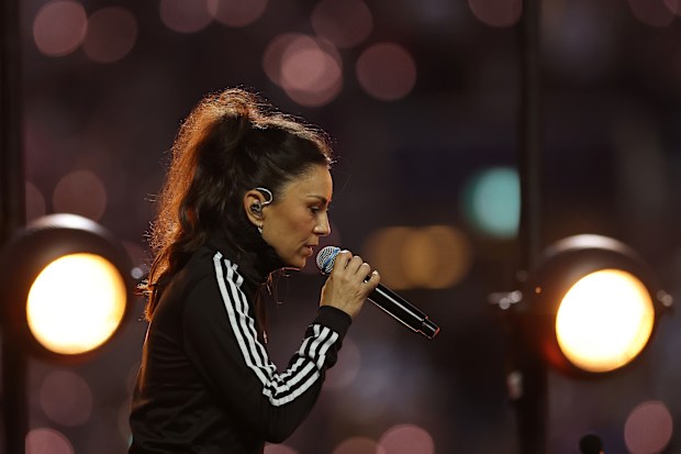 Amy Shark performs as the NRL pay tribute to Jai Arrow at the grand final.