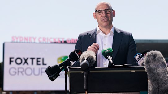 Nick Hockley, backed by Foxtel branding, at the SCG.