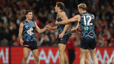 MELBOURNE, AUSTRALIA - MAY 20: Charlie Curnow of the Blues celebrates after scoring a goal during the round 10 AFL match between the Carlton Blues and the Sydney Swans at Marvel Stadium on May 20, 2022 in Melbourne, Australia. (Photo by Robert Cianflone/Getty Images)