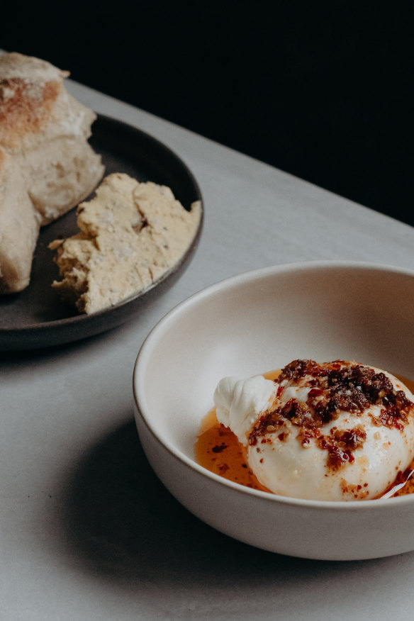 Burrata with crispy chilli oil and housemade foccacia.